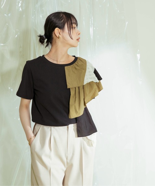 Eimee Law(エイミーロウ)の「アシメフリルTシャツ(Tシャツ/カットソー・レディース・ブラック/オフホワイト/ブラック×カーキ・38)」の8枚目の写真
