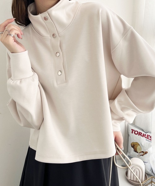 GeeRA(ジーラ)の「ダンボールハーフスナップショートプルオーバー(Tシャツ/カットソー・レディース・アイボリー/ブラック・LARGE/MEDIUM)」の2枚目の写真