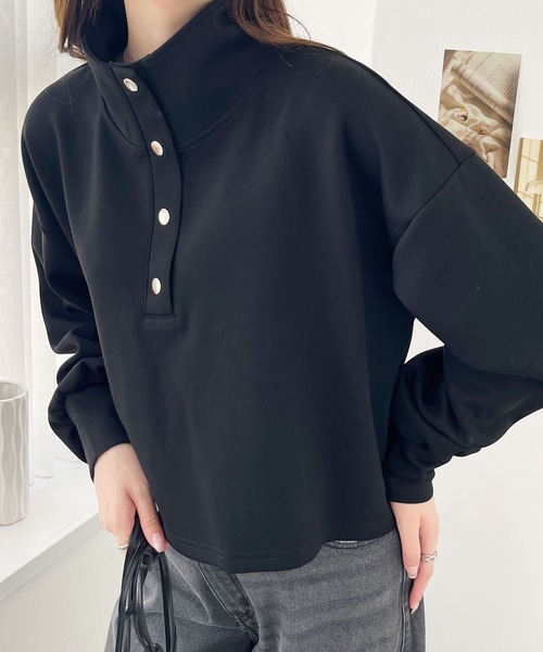 GeeRA(ジーラ)の「ダンボールハーフスナップショートプルオーバー(Tシャツ/カットソー・レディース・アイボリー/ブラック・LARGE/MEDIUM)」の1枚目の写真