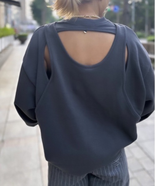 ipugo(イプゴ)の「ipugo/イプゴ バック重ね着風デザイン裏起毛スウェット(スウェット・レディース・パープル/チャコール・FREE)」の8枚目の写真