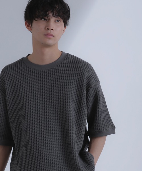 NANO universe（ナノユニバース）の「オニワッフルビッグTシャツ 五分袖（Tシャツ/カットソー・メンズ・ブルーグレー/ホワイト/スミクロ・M/L/XL）」の9枚目の写真