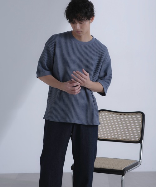 NANO universe（ナノユニバース）の「オニワッフルビッグTシャツ 五分袖（Tシャツ/カットソー・メンズ・ブルーグレー/ホワイト/スミクロ・M/L/XL）」の13枚目の写真