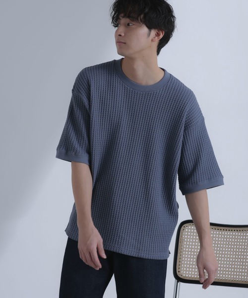 NANO universe（ナノユニバース）の「オニワッフルビッグTシャツ 五分袖（Tシャツ/カットソー・メンズ・ブルーグレー/ホワイト/スミクロ・M/L/XL）」の14枚目の写真