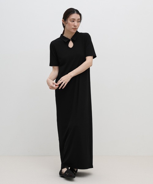 再度お値引き　極美品・黒いボタン付きポロワンピース フレンチスリーブポロマキシワンピース - ワンピース通販 | 人気