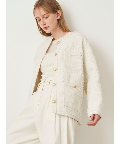 ELENDEEK（エレンディーク）の「ツイードジャケット（ノーカラージャケット・レディース・オフホワイト/ブラック・FREE）」の7枚目の写真