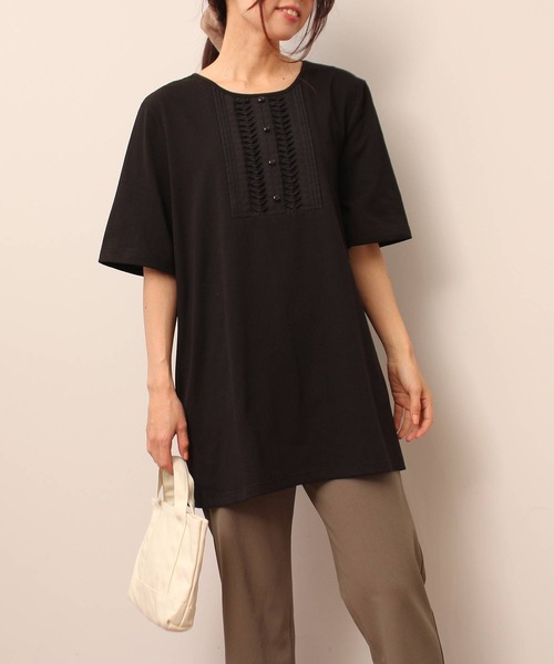 MB mint breeze（エムビーミントブリーズ）の「【L～5L 大きいサイズ】 ピンタック チュニック丈 半袖 カットソー（チュニック・レディース・グリーン/ブラック・5L/4L/3L/LL/L）」の16枚目の写真