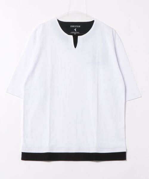 JEANS MATE(ジーンズメイト)の「汗染みの目立たないTシャツ ZEROSTAIN ゼロステイン フェイクレイヤード ビッグキーネックTシャツ 防汚 UVカット 撥水(Tシャツ/カットソー・メンズ・チャコールグレー/オフホワイト/ブルー/ホワイト/ミント・MEDIUM/LARGE/X-LARGE)」の1枚目の写真