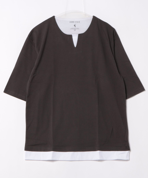 JEANS MATE(ジーンズメイト)の「汗染みの目立たないTシャツ ZEROSTAIN ゼロステイン フェイクレイヤード ビッグキーネックTシャツ 防汚 UVカット 撥水(Tシャツ/カットソー・メンズ・チャコールグレー/オフホワイト/ブルー/ホワイト/ミント・MEDIUM/LARGE/X-LARGE)」の3枚目の写真