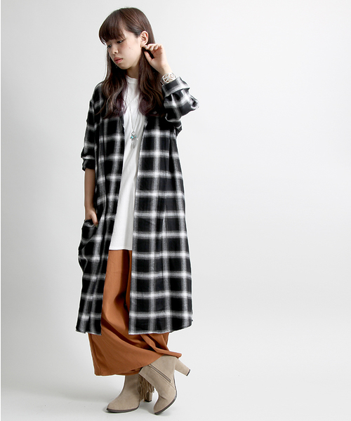 WEGO（ウィゴー）の「WEGO/オンブレチェックガウンコート（チェスターコート・レディース・レッド系その他/ブラック系その他・FREE）」の2枚目の写真