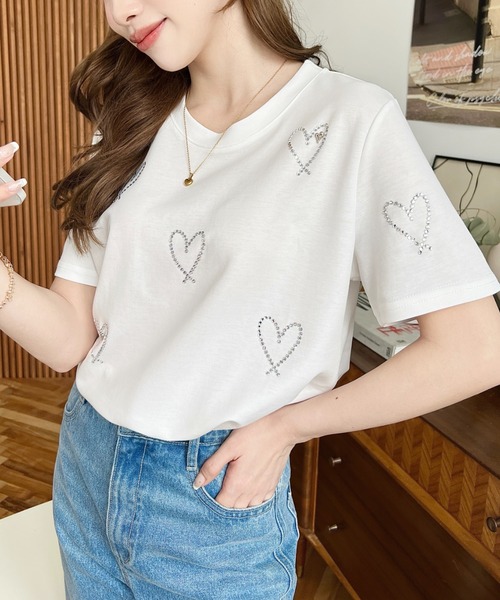 LOULOU select(ルルセレクト)の「ラインストーンハート柄半袖Tシャツ(Tシャツ/カットソー・レディース・ブラック/オフホワイト・M)」の8枚目の写真