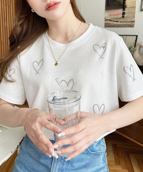 LOULOU select(ルルセレクト)の「ラインストーンハート柄半袖Tシャツ(Tシャツ/カットソー・レディース・ブラック/オフホワイト・M)」の4枚目の写真