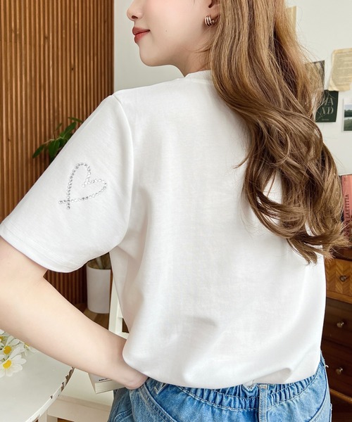 LOULOU select(ルルセレクト)の「ラインストーンハート柄半袖Tシャツ(Tシャツ/カットソー・レディース・ブラック/オフホワイト・M)」の6枚目の写真