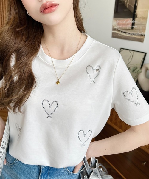 LOULOU select(ルルセレクト)の「ラインストーンハート柄半袖Tシャツ(Tシャツ/カットソー・レディース・ブラック/オフホワイト・M)」の5枚目の写真