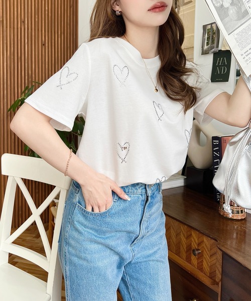LOULOU select(ルルセレクト)の「ラインストーンハート柄半袖Tシャツ(Tシャツ/カットソー・レディース・ブラック/オフホワイト・M)」の7枚目の写真