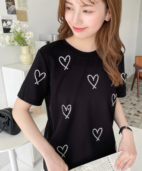 LOULOU select(ルルセレクト)の「ラインストーンハート柄半袖Tシャツ(Tシャツ/カットソー・レディース・ブラック/オフホワイト・M)」の15枚目の写真