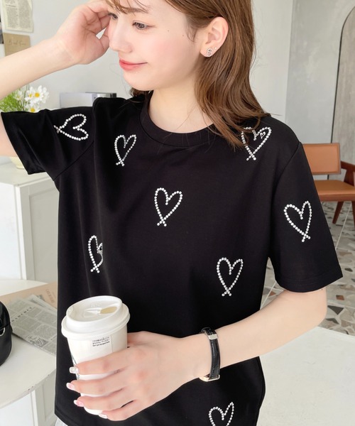 LOULOU select(ルルセレクト)の「ラインストーンハート柄半袖Tシャツ(Tシャツ/カットソー・レディース・ブラック/オフホワイト・M)」の16枚目の写真