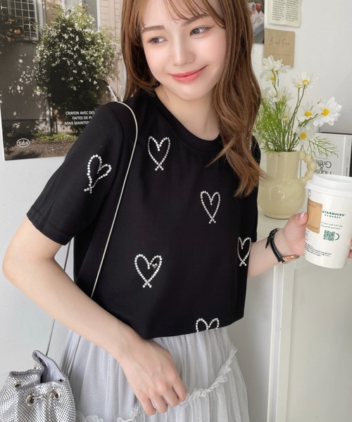 LOULOU select(ルルセレクト)の「ラインストーンハート柄半袖Tシャツ(Tシャツ/カットソー・レディース・ブラック/オフホワイト・M)」の14枚目の写真