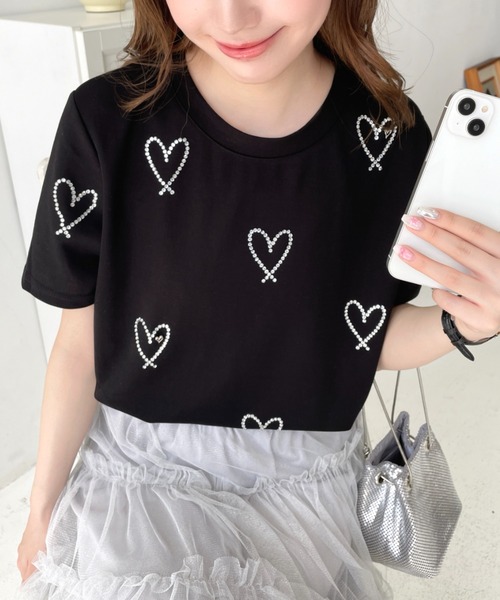 LOULOU select(ルルセレクト)の「ラインストーンハート柄半袖Tシャツ(Tシャツ/カットソー・レディース・ブラック/オフホワイト・M)」の13枚目の写真