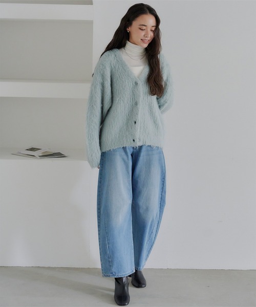 セール】モヘアライクVネックシャギーニットカーディガン