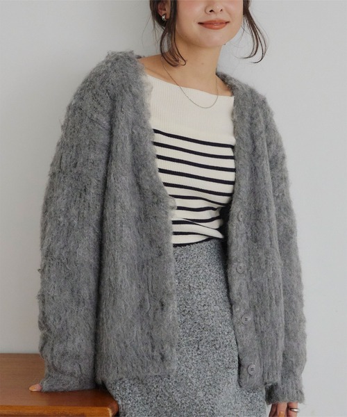 セール】モヘアライクVネックシャギーニットカーディガン