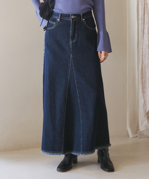 ROPE' PICNIC（ロペピクニック）の「【3サイズ展開】セミフレアロング箔プリントデニムスカート（デニムスカート・レディース・サックスブルー/ネイビー・36/38/40）」の10枚目の写真