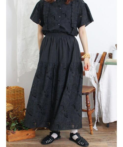 Samansa Mos2（サマンサ モスモス）の「カットワーク刺繍切替スカート（スカート・レディース・ブラック/オフホワイト/グリーン・F）」の9枚目の写真