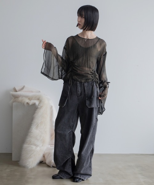 アシンメトリー配色シャイニーシアートップス（シャツ/ブラウス