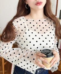 moment+（モーメントプラス）の「インナーキャミ付きフロッキードットチュール長袖メロウブラウス（シャツ/ブラウス）」