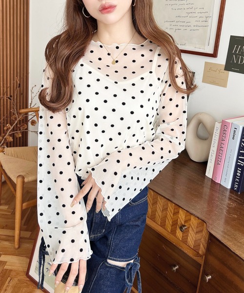 セール】インナーキャミ付きフロッキードットチュール長袖メロウ