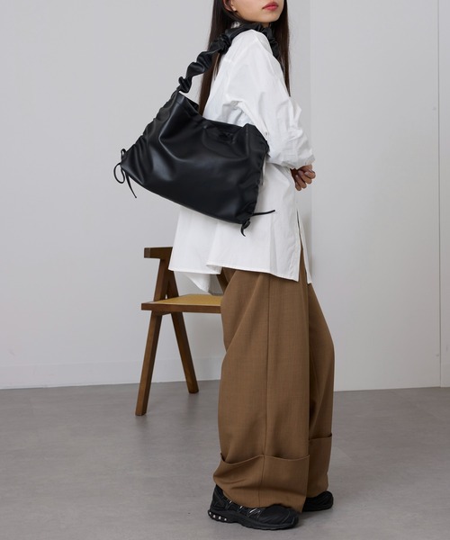 バックリボンオフショルダーSET UP セール】【SETUP7】PUレザーフリルハンドルリボンバッグ