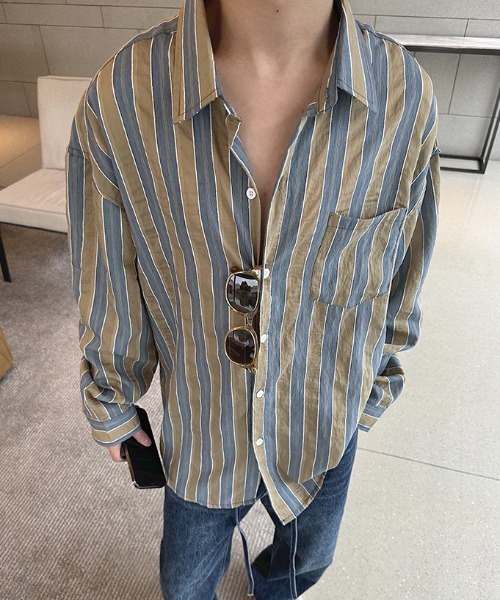 MGV(エムジーヴィー)の「ストライプイージーシャツ(シャツ/ブラウス・メンズ・ベージュ/グリーン・MEDIUM/LARGE/X-LARGE)」の2枚目の写真