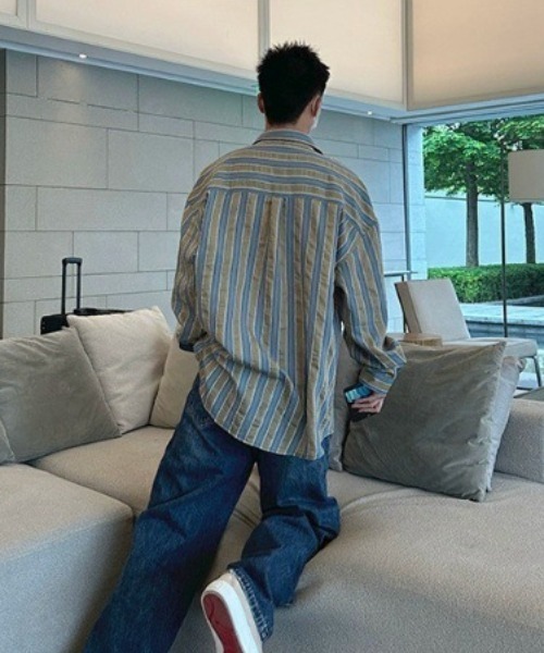 MGV(エムジーヴィー)の「ストライプイージーシャツ(シャツ/ブラウス・メンズ・ベージュ/グリーン・MEDIUM/LARGE/X-LARGE)」の4枚目の写真