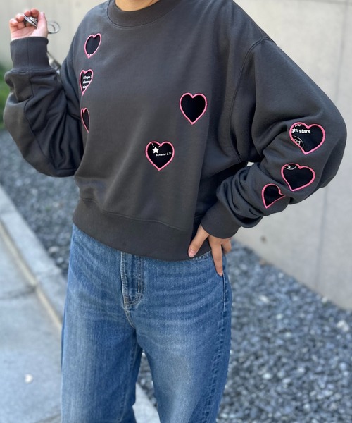 カットアウト ハート刺繍 スウェットプルオーバー（スウェット）｜mi