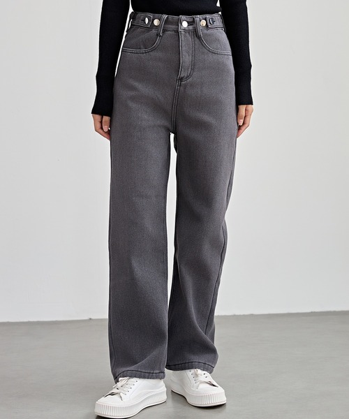 セール】裏起毛 ハイウエスト ストレート デニム パンツ（デニムパンツ