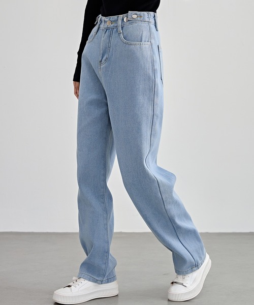 Lace Ladies（レースレディース）の「裏起毛 ハイウエスト ストレート デニム パンツ（デニムパンツ・レディース・ライトブルー/ブラック/グレー・S/M/L/XL/XS）」の3枚目の写真