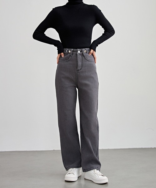 Lace Ladies（レースレディース）の「裏起毛 ハイウエスト ストレート デニム パンツ（デニムパンツ・レディース・ライトブルー/ブラック/グレー・S/M/L/XL/XS）」の9枚目の写真