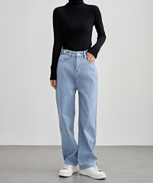 Lace Ladies（レースレディース）の「裏起毛 ハイウエスト ストレート デニム パンツ（デニムパンツ・レディース・ライトブルー/ブラック/グレー・S/M/L/XL/XS）」の14枚目の写真