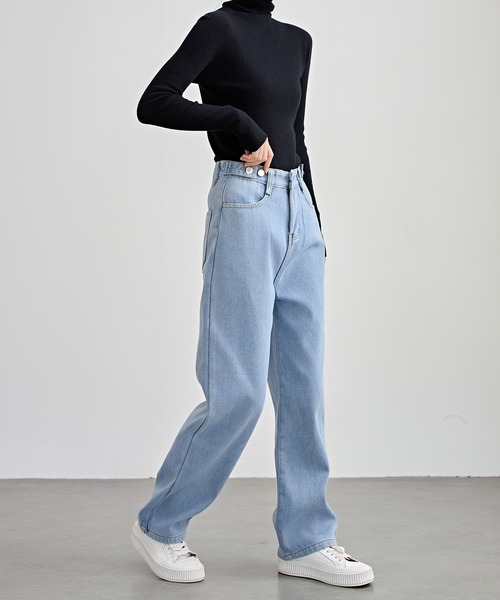 Lace Ladies（レースレディース）の「裏起毛 ハイウエスト ストレート デニム パンツ（デニムパンツ・レディース・ライトブルー/ブラック/グレー・S/M/L/XL/XS）」の17枚目の写真