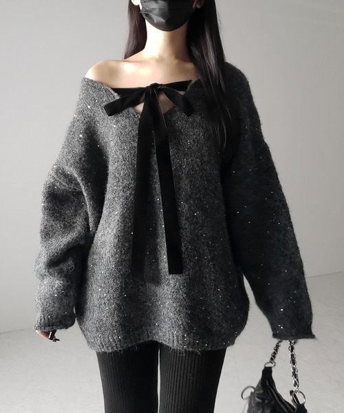 2WAY 】ベロアリボンスパングルオーバーニット ／ velor ribbon