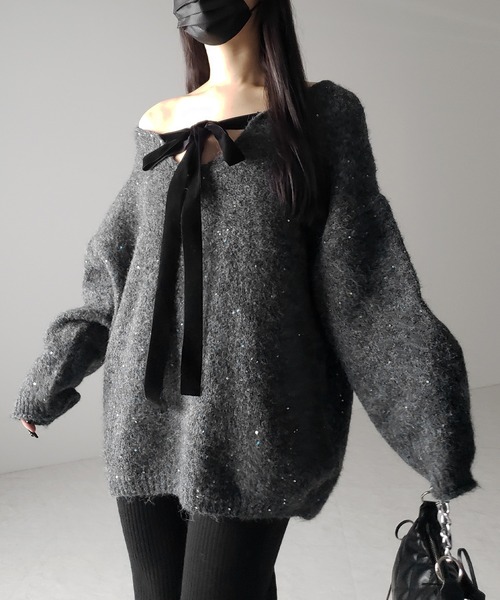 me+em select（ミームセレクト）の「【 ２WAY 】ベロアリボンスパングルオーバーニット ／   velor ribbon spangle over knit（ニット/セーター・レディース・アイボリー/グレー/レッド・FREE）」の7枚目の写真