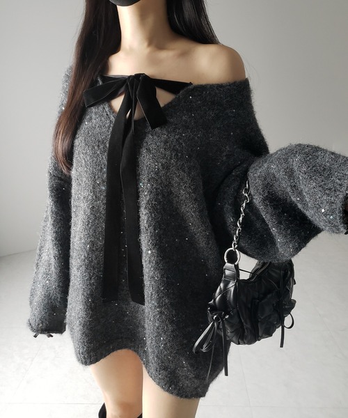 2WAY 】ベロアリボンスパングルオーバーニット ／ velor ribbon