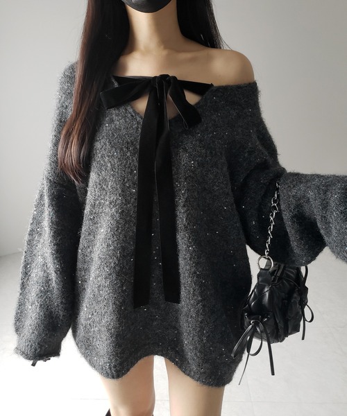 me+em select（ミームセレクト）の「【 ２WAY 】ベロアリボンスパングルオーバーニット ／   velor ribbon spangle over knit（ニット/セーター・レディース・アイボリー/グレー/レッド・FREE）」の11枚目の写真