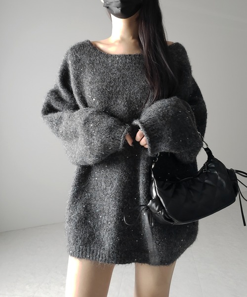 me+em select（ミームセレクト）の「【 ２WAY 】ベロアリボンスパングルオーバーニット ／   velor ribbon spangle over knit（ニット/セーター・レディース・アイボリー/グレー/レッド・FREE）」の12枚目の写真