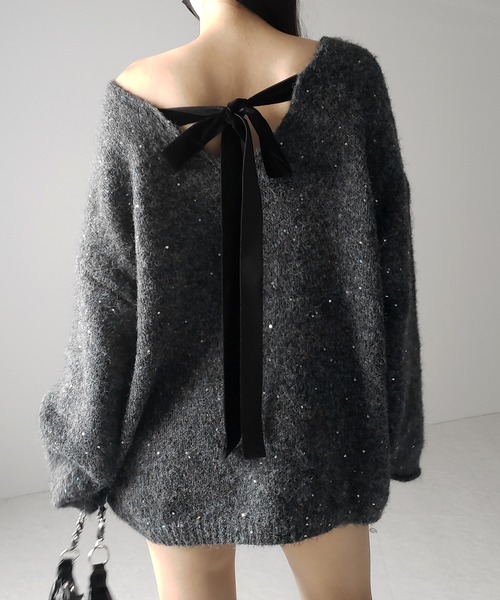 me+em select（ミームセレクト）の「【 ２WAY 】ベロアリボンスパングルオーバーニット ／   velor ribbon spangle over knit（ニット/セーター・レディース・アイボリー/グレー/レッド・FREE）」の14枚目の写真