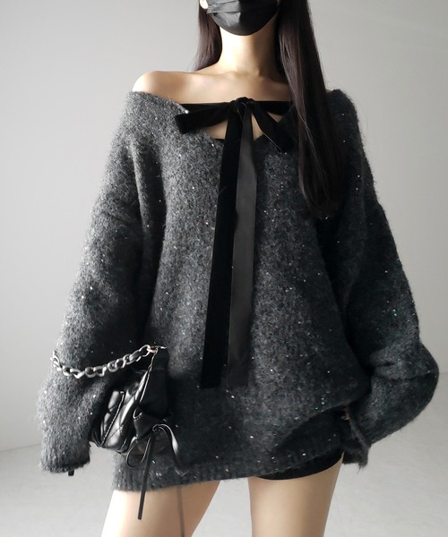 me+em select（ミームセレクト）の「【 ２WAY 】ベロアリボンスパングルオーバーニット ／   velor ribbon spangle over knit（ニット/セーター・レディース・アイボリー/グレー/レッド・FREE）」の16枚目の写真