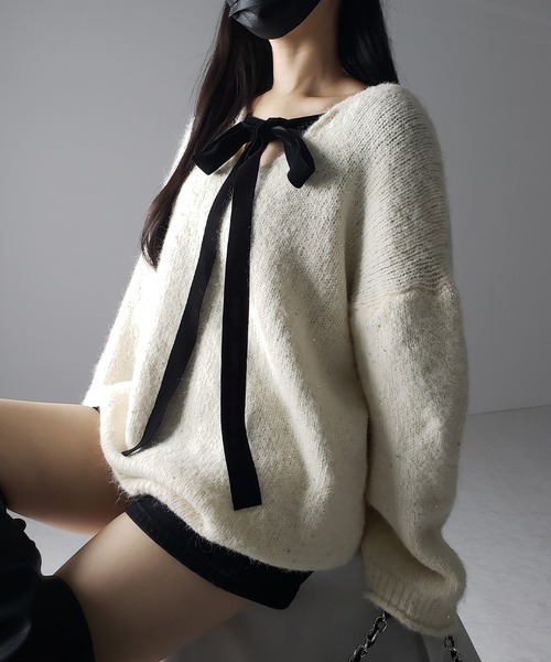 me+em select（ミームセレクト）の「【 ２WAY 】ベロアリボンスパングルオーバーニット ／   velor ribbon spangle over knit（ニット/セーター・レディース・アイボリー/グレー/レッド・FREE）」の18枚目の写真