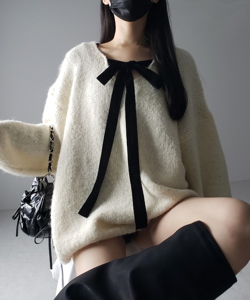me+em select（ミームセレクト）の「【 ２WAY 】ベロアリボンスパングルオーバーニット ／   velor ribbon spangle over knit（ニット/セーター・レディース・アイボリー/グレー/レッド・FREE）」の17枚目の写真