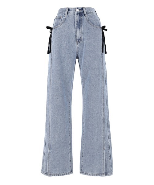 coca（coca）（コカ）の「【WEB限定セール】ベロアリボン付き スリットデニムパンツ（デニムパンツ・レディース・ブルー・S/M/L）」の3枚目の写真