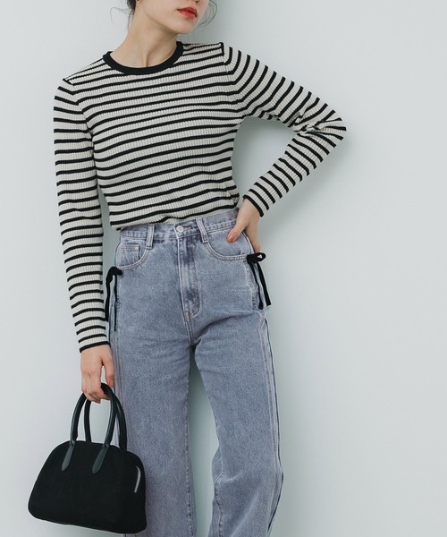 coca（coca）（コカ）の「【WEB限定セール】ベロアリボン付き スリットデニムパンツ（デニムパンツ・レディース・ブルー・S/M/L）」の6枚目の写真