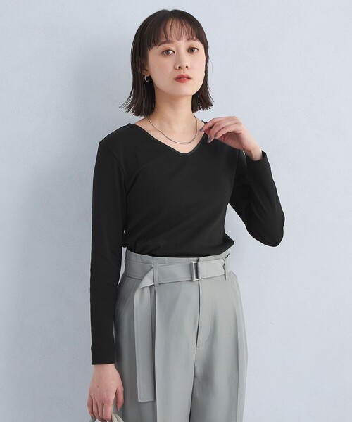 green label relaxing（グリーンレーベルリラクシング）の「ベーシック フライス Vネック プルオーバー カットソー（Tシャツ/カットソー・レディース・オフホワイト/ブラック・FREE）」の3枚目の写真